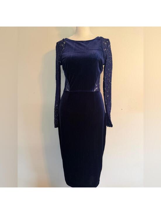 Dresses & Skirts - Navy Velvet Lace Sleeve Sheath Dress